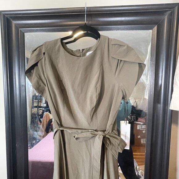 NWT - Calvin Klein Tulip Sleeve A-Line Dress in Green with waist tie - Size 8 - Picture 4 of 7